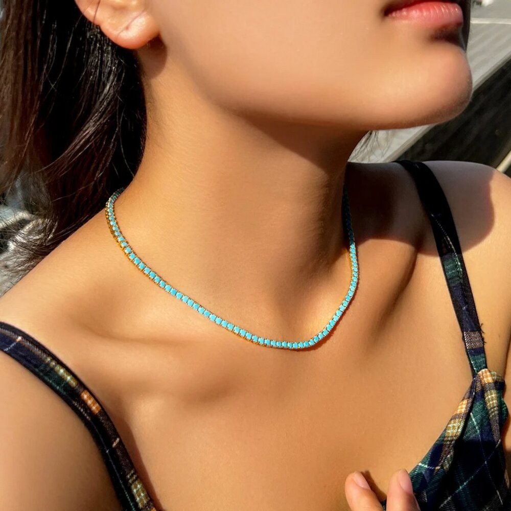 14K Gold Womens 16" Natural Turquoise Gemstone Tennis Necklace Ladies Jewelry - Picture 3 of 10